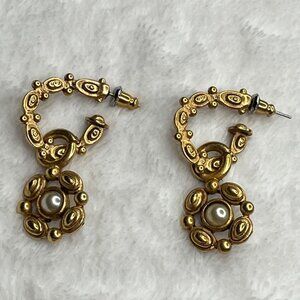 Vintage Gold-Tone Earrings With Faux Pearl Accents 2 Inches Long